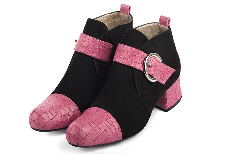 Carnation pink and matt black women's elegant sneakers. Round toe. Low flare heels. Front view - Florence KOOIJMAN